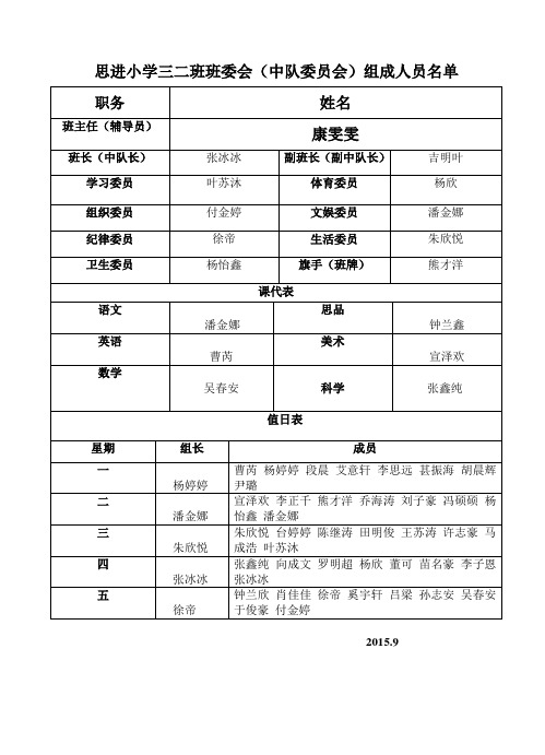 三二班委会中队委成员表
