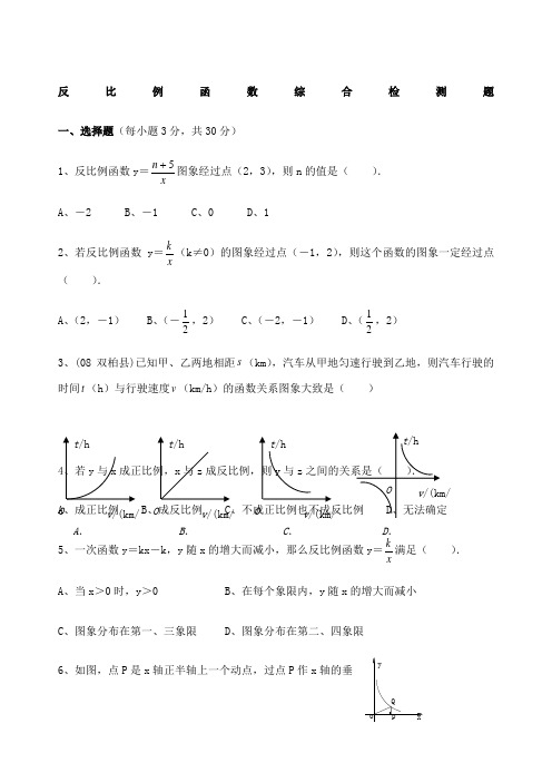 九年级数学反比例函数单元测试题及答案