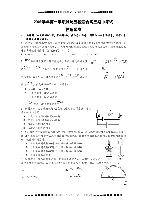 山东省潍坊市五校联合2010届高三上学期期中考试(物理)
