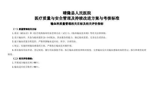 (输血科)医疗质量管理和持续改进相关目标与质量考核标准