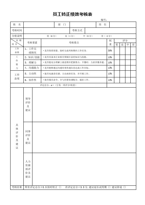 员工转正绩效考核表