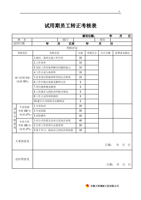 试用期员工转正考核表