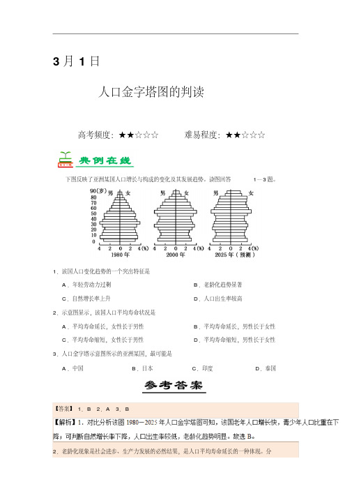 人口金字塔图的判读-试题君之每日一题君2017-2018学年下学期高一地理课堂同步系列一含解析精品