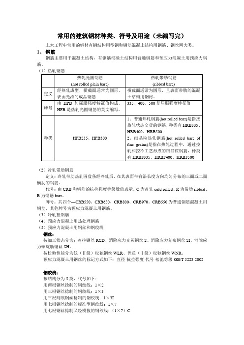钢筋种类、用途、性能指标(未编完)