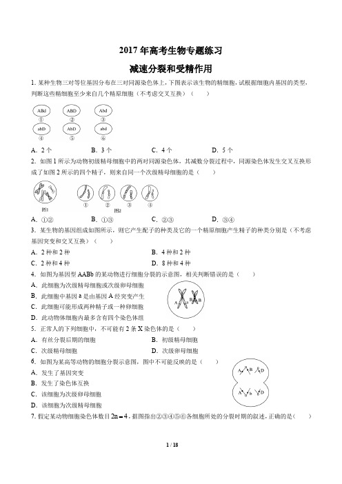 2017高考生物-减数分裂和受精作用-专题练习及答案解析