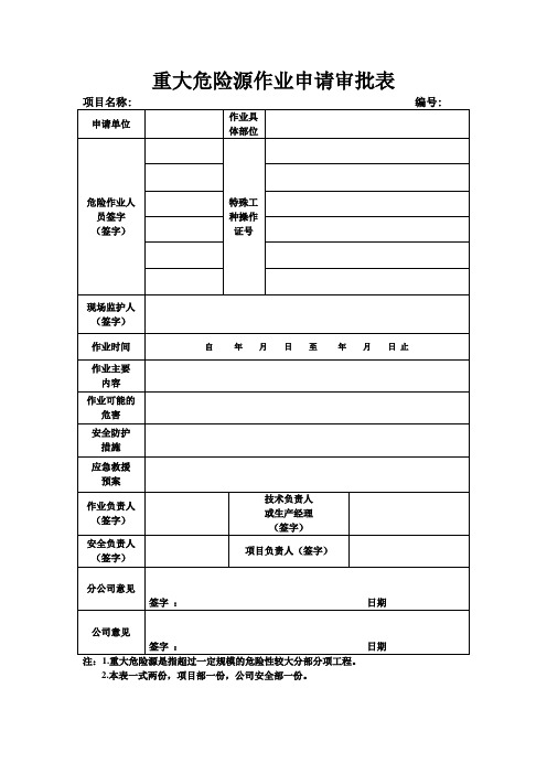 重大危险源作业申请审批表 (空表)