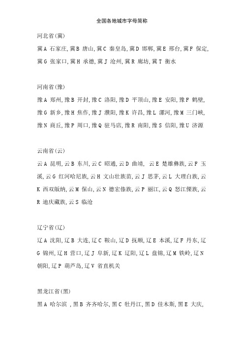 全国各地城市字母简称