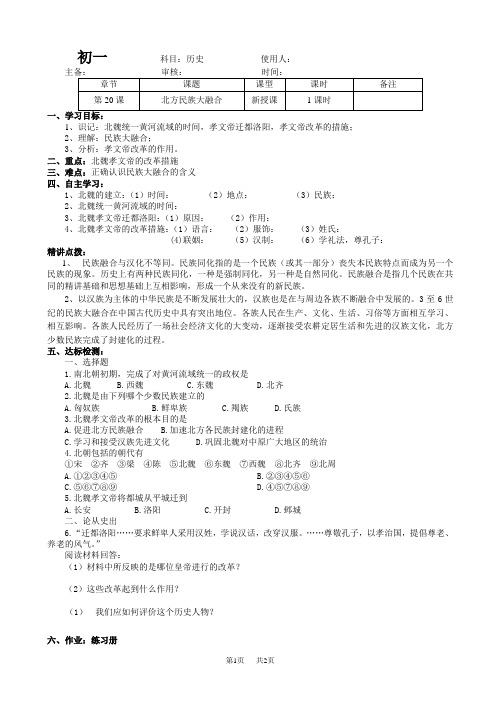 七年级历史20《北方民族大融合》导学案