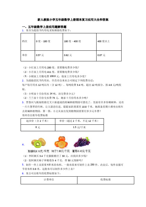 新人教版小学五年级数学上册期末复习应用大全和答案