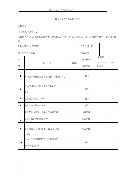 投标申请人报资料一览表