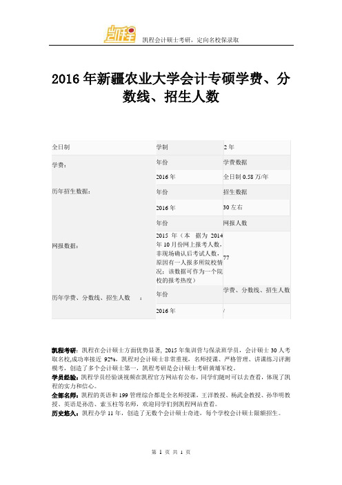 2016年新疆农业大学会计专硕学费、分数线、招生人数