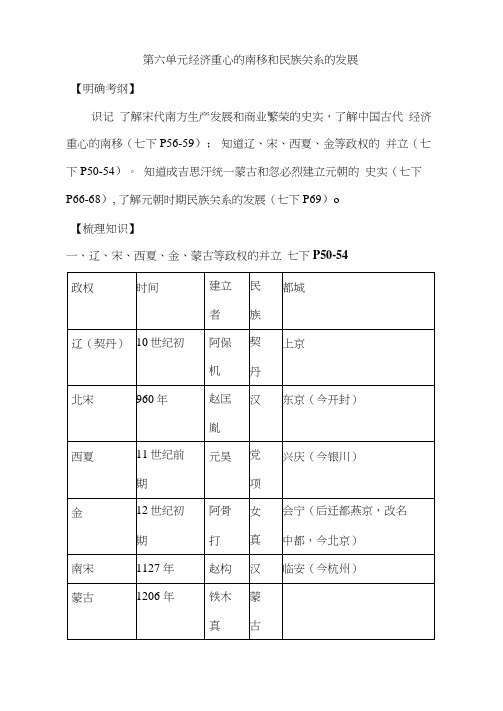 2021年中考历史总复习必考知识梳理：七年级第六单元经济重心的南移和民族关系的发展