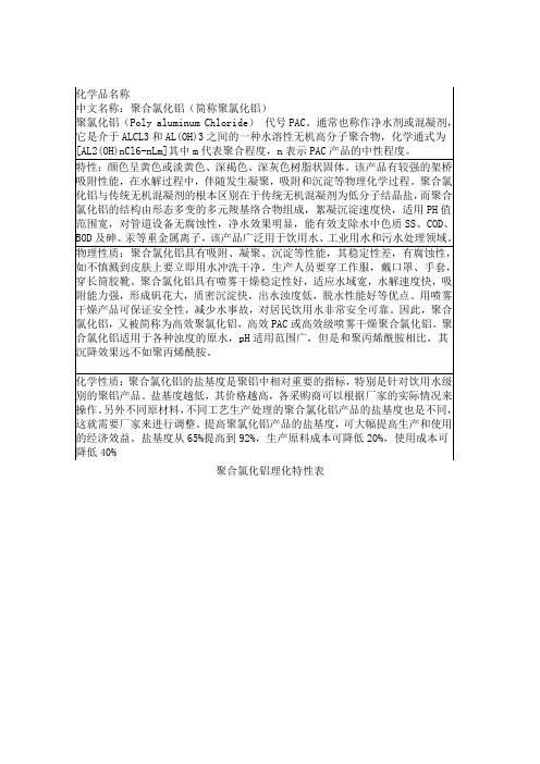聚合氯化铝理化特性表