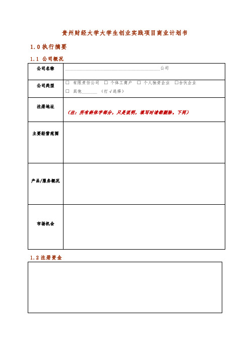贵州财经大学大学生创业实践项目商业实施计划书(模板)