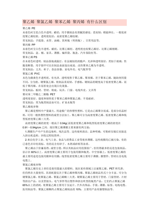 聚乙烯 聚氯乙烯 聚苯乙烯 聚丙烯 有什么区别