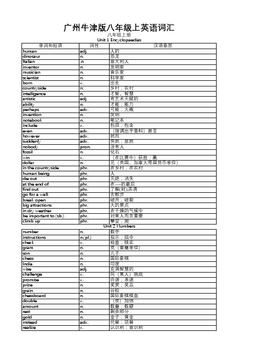 广州牛津版八年级英语上册词汇