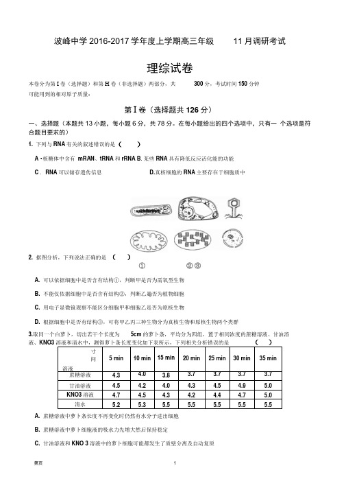 2017届河北省涞水波峰中学高三上学期11月月考理科综合试题解析