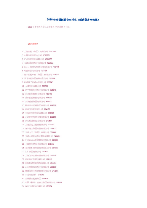 2010年全国医药公司排名