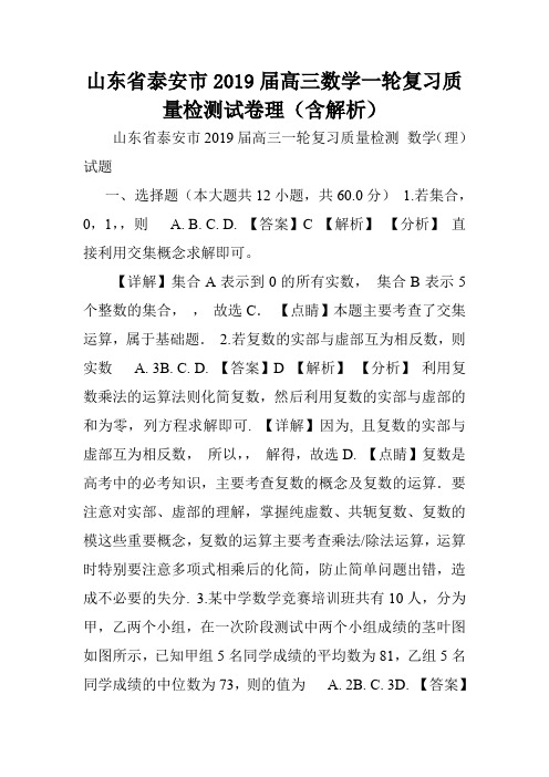 山东省泰安市2019届高三数学一轮复习质量检测试卷理(含解析).doc