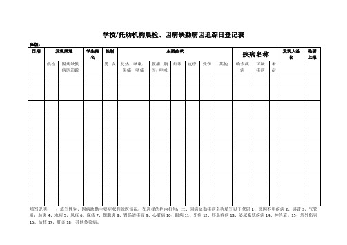 学校托幼机构晨检、因病缺勤病因追踪日登记表