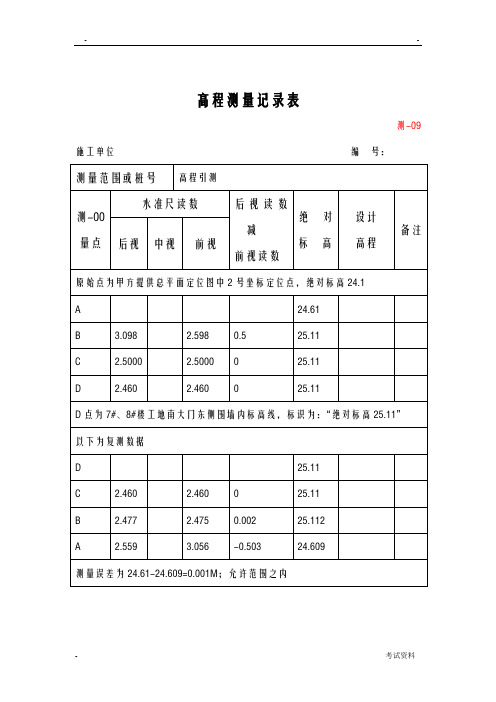 高程测量记录表