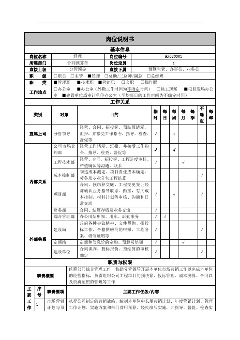 合同预算部经理岗位说明书