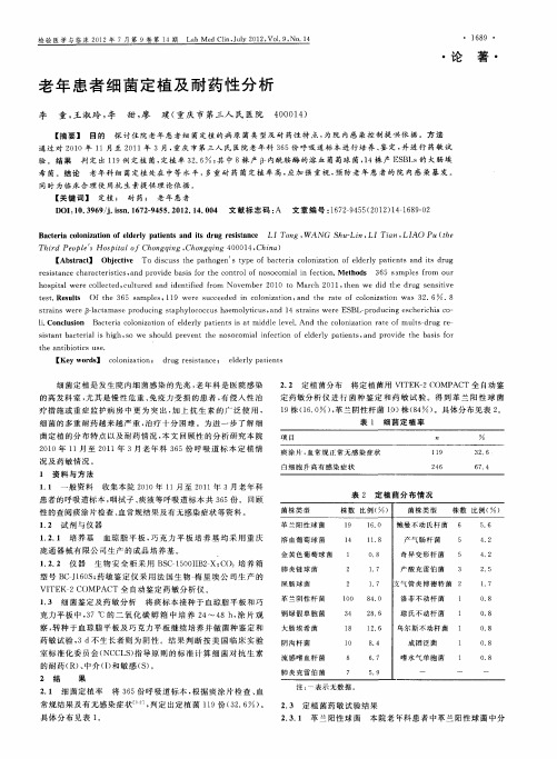 老年患者细菌定植及耐药性分析