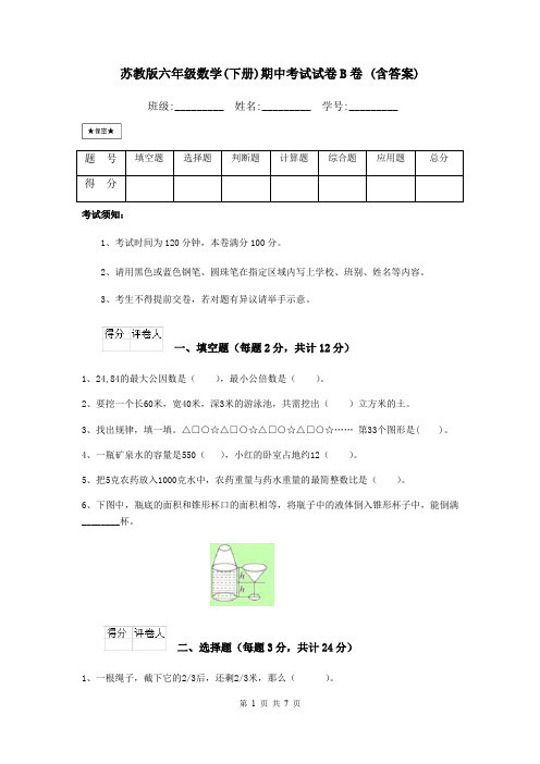 苏教版六年级数学(下册)期中考试试卷B卷 (含答案)