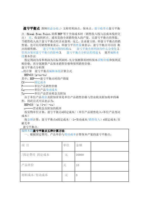 盈亏平衡点计算公式