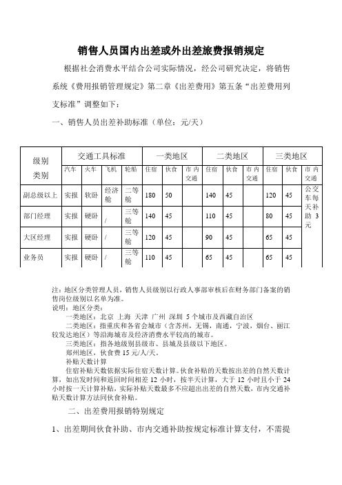 销售人员国内出差或外出差旅费报销规定