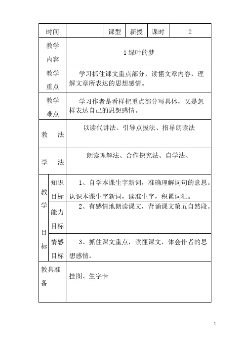 最新小学语文版S版四年级语文上册 1 (教案)绿叶的梦教案2