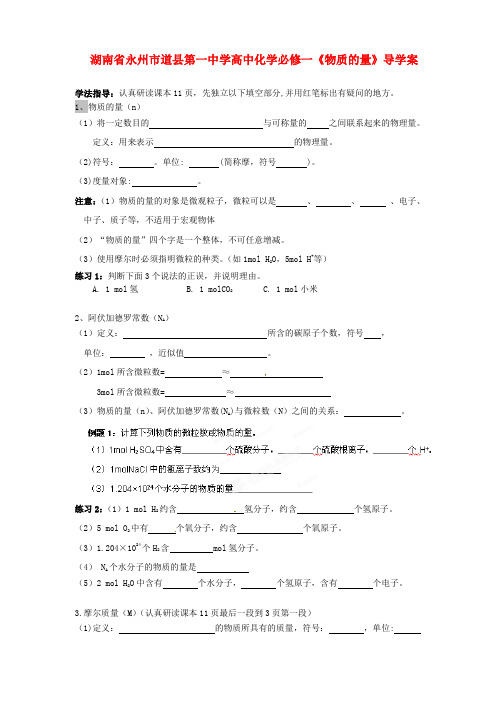 湖南省永州市道县高中化学《物质的量》导学案必修1