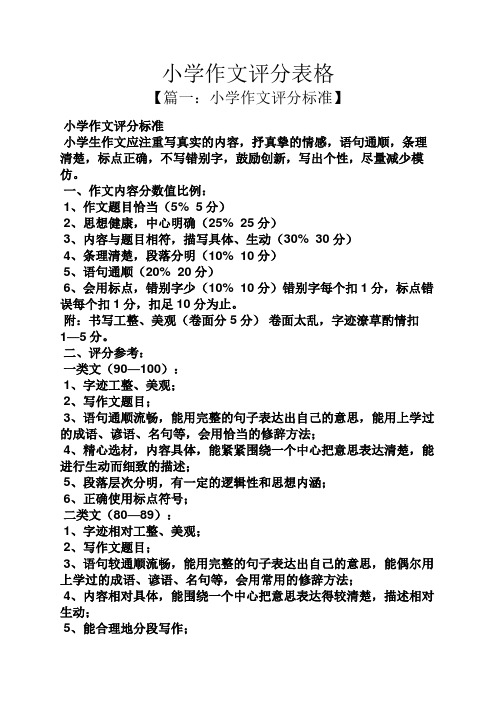 六年级作文之小学作文评分表格