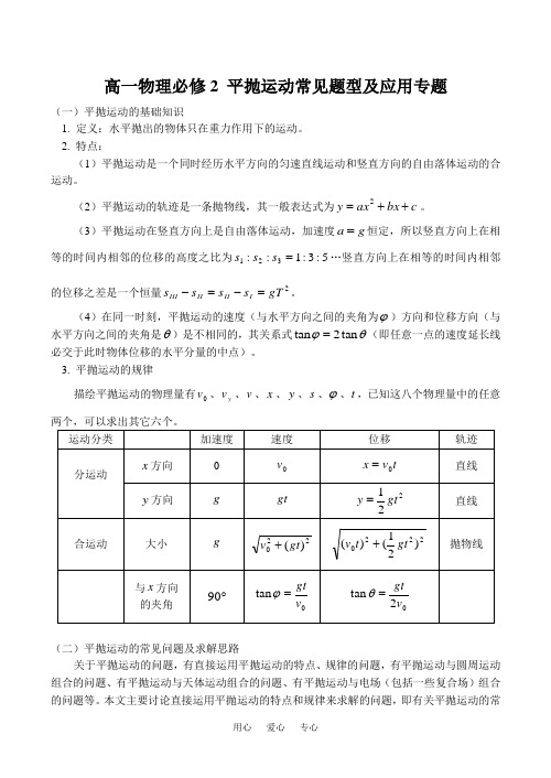 高一物理-平抛运动常见题型及应用专题必修2