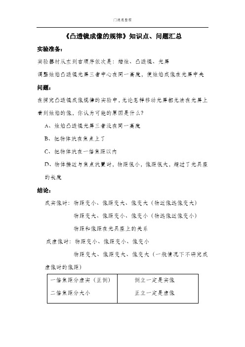《凸透镜成像的规律》知识点、问题汇总