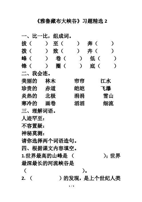 北师大版五年级语文上册《雅鲁藏布大峡谷》习题精选2