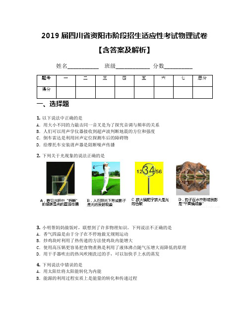 2019届四川省资阳市阶段招生适应性考试物理试卷【含答案及解析】