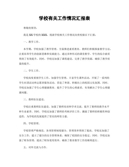 学校有关工作情况汇报表