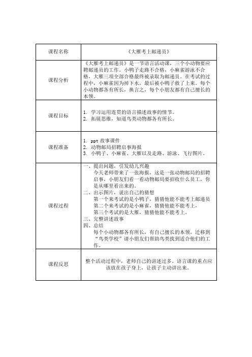 幼儿园优质教案设计  中班语言大雁考上邮递员