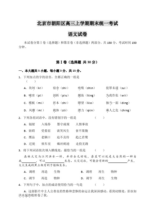 北京市朝阳区高三上学期期末统一考试语文试卷