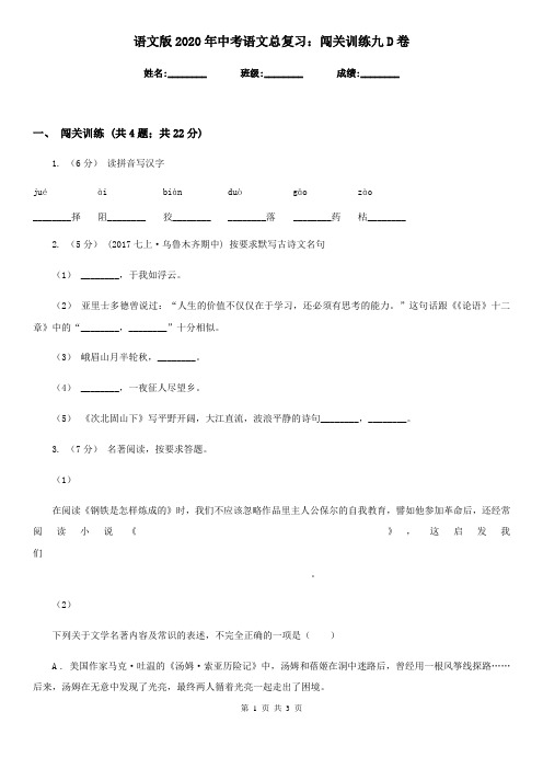 语文版2020年中考语文总复习：闯关训练九D卷