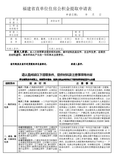 福建省直单位住房公积金提取申请表【模板】