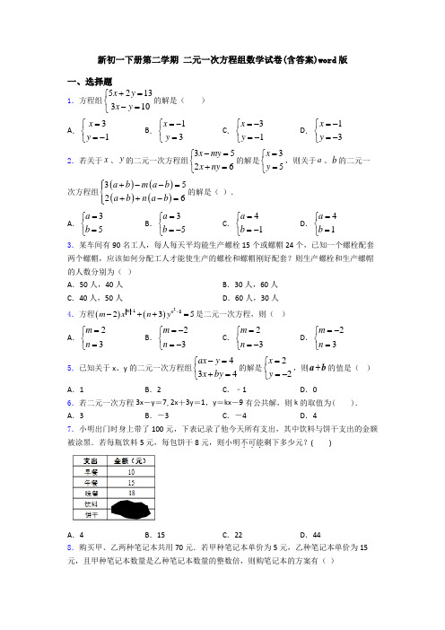 新初一下册第二学期 二元一次方程组数学试卷(含答案)word版