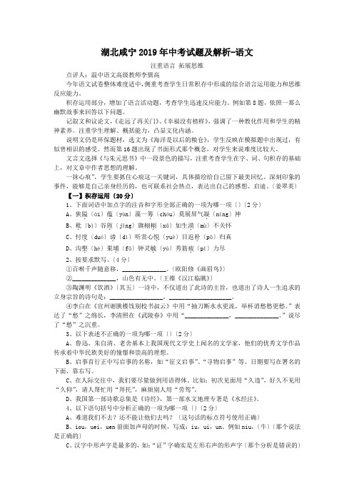 湖北咸宁2019年中考试题及解析-语文
