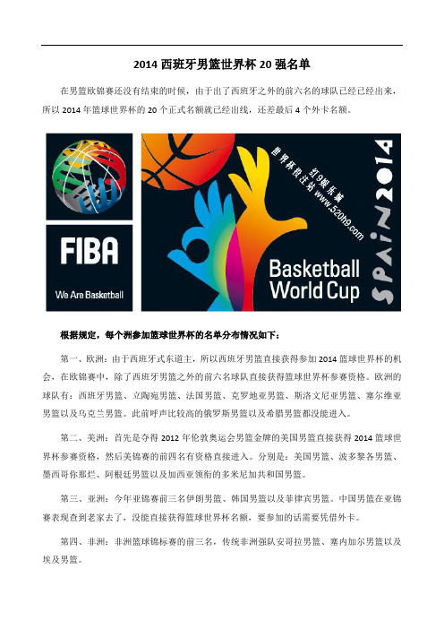 2014西班牙男篮世界杯20强名单