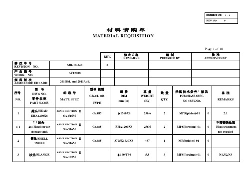 ASME材料请购单