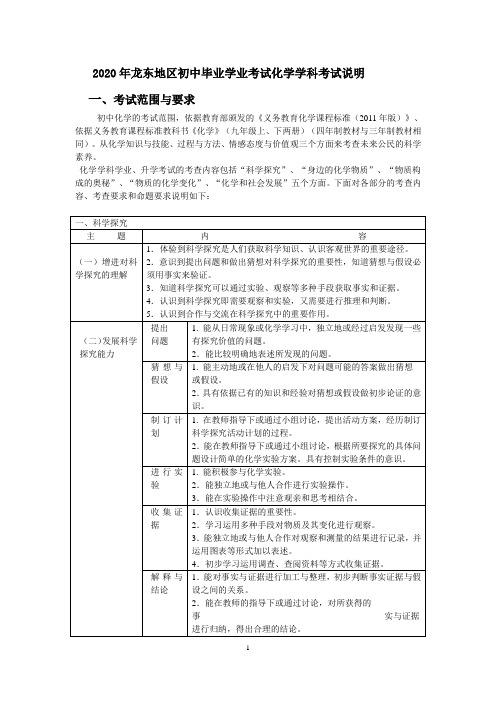 2020年龙东地区中考化学学科考试说明