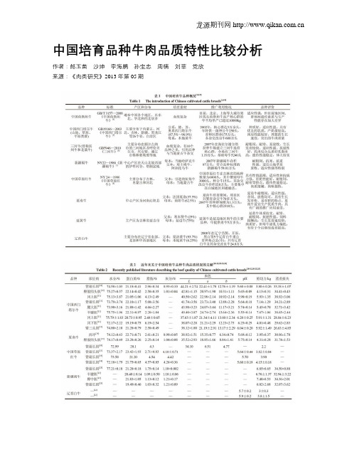 中国培育品种牛肉品质特性比较分析