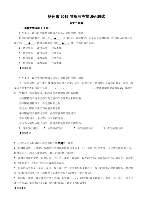 扬州市2019届高三考前调研测试语文试卷