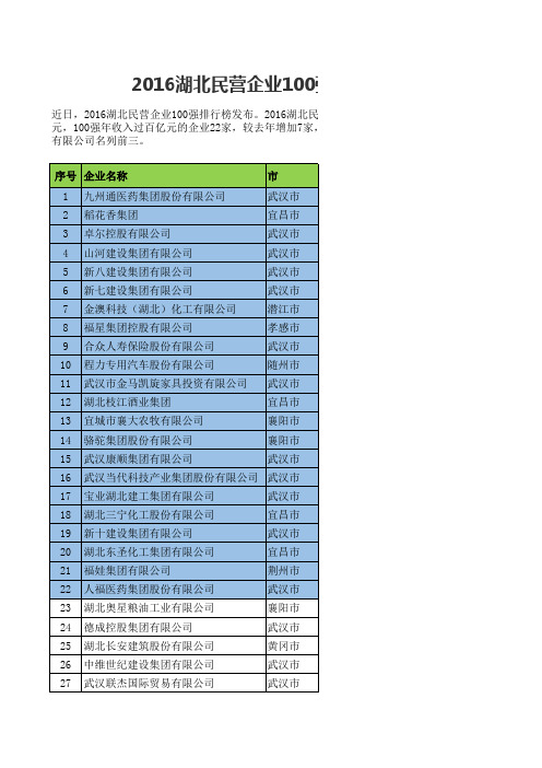 2016湖北民营企业100强排行榜发布(全榜单)